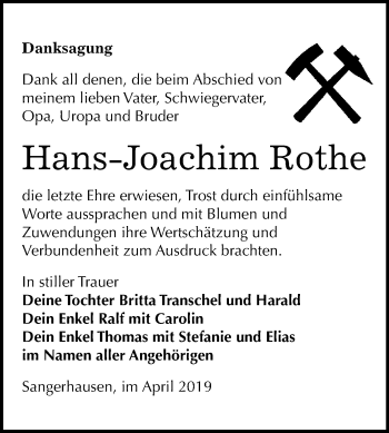 Traueranzeige von Hans-Joachim Rothe von Super Sonntag SGH Mansf. Land