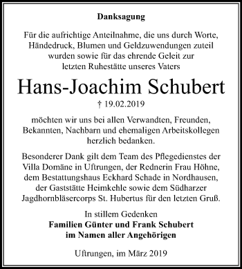 Traueranzeige von Hans-Joachim Schubert von Mitteldeutsche Zeitung Sangerhausen