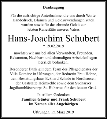 Traueranzeige von Hans-Joachim Schubert von WVG - Wochenspiegel SGH