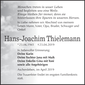 Traueranzeige von Hans-Joachim Thielemann von Super Sonntag Aschersleben