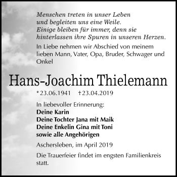 Traueranzeige von Hans-Joachim Thielemann von Mitteldeutsche Zeitung