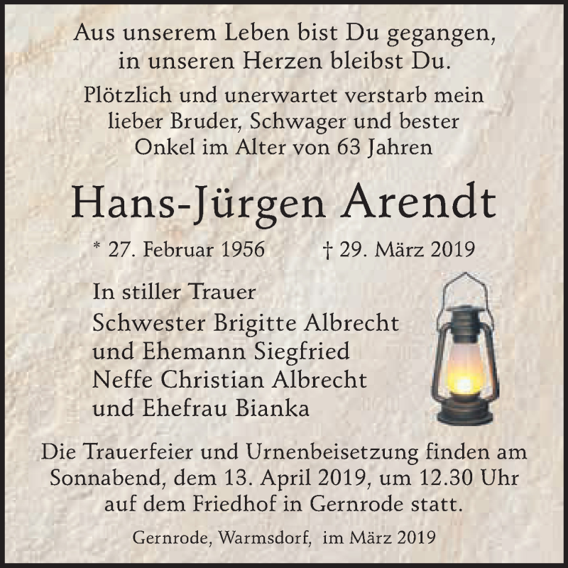  Traueranzeige für Hans-Jürgen Arendt vom 01.04.2019 aus WVG - Wochenspiegel Quedlinburg