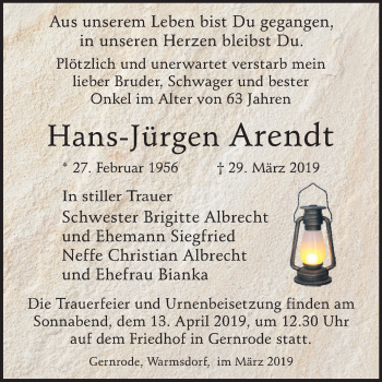 Traueranzeige von Hans-Jürgen Arendt von Mitteldeutsche Zeitung Quedlinburg