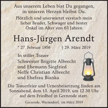 Traueranzeige von Hans-Jürgen Arendt von WVG - Wochenspiegel Quedlinburg