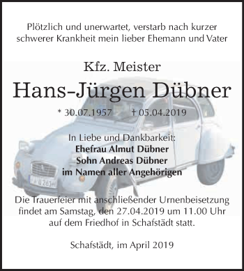 Traueranzeige von Hans-Jürgen Dübner von WVG - Wochenspiegel Merseburg