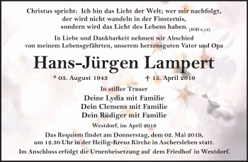 Traueranzeige von Hans-Jürgen Lampert von WVG - Wochenspiegel Quedlinburg