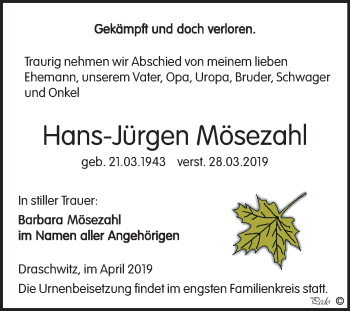 Traueranzeige von Hans-Jürgen Mösezahl von Mitteldeutsche Zeitung Zeitz