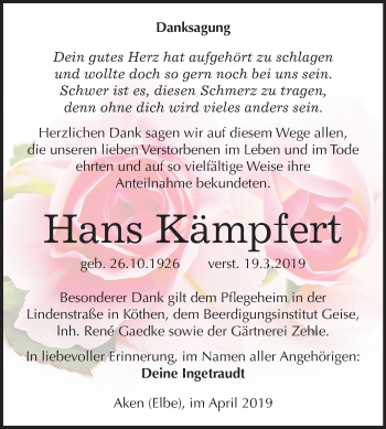 Traueranzeige von Hans Kämpfert von Mitteldeutsche Zeitung Köthen