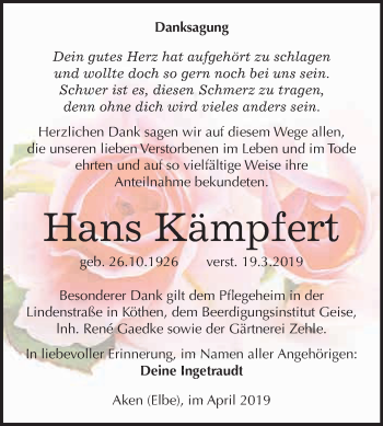 Traueranzeige von Hans Kämpfert von WVG - Wochenspiegel Dessau / Köthen