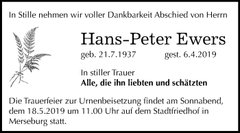 Traueranzeige von Hans-Peter Ewers von Mitteldeutsche Zeitung