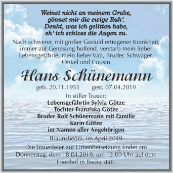 Traueranzeige von Hans Schünemann von WVG - Wochenspiegel Merseburg