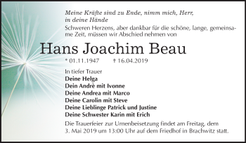 Traueranzeige von Hans Joachim Beau von Mitteldeutsche Zeitung Halle/Saalkreis