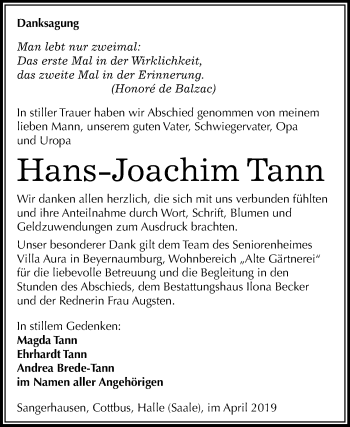 Traueranzeige von Hans Joachim Tann von Super Sonntag SGH Mansf. Land