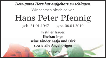 Traueranzeige von Hans Peter Pfennig von WVG - Wochenspiegel NMB / WSF / ZTZ