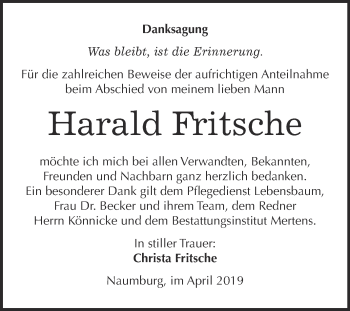 Traueranzeige von Harald Fritsche von WVG - Wochenspiegel NMB / WSF / ZTZ