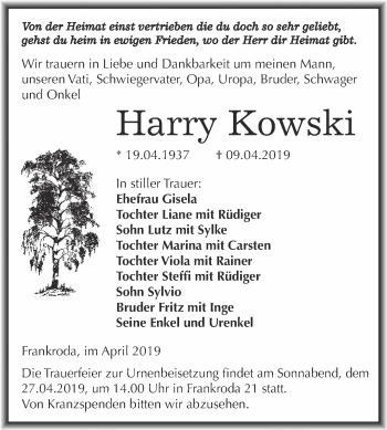 Traueranzeige von Harry Kowski von WVG - Wochenspiegel NMB / WSF / ZTZ