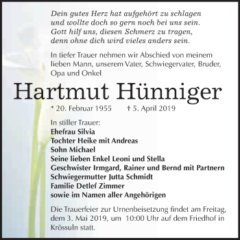 Traueranzeige von Hartmut Hünniger von WVG - Wochenspiegel NMB / WSF / ZTZ