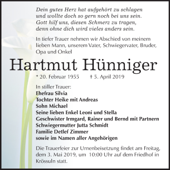 Traueranzeige von Hartmut Hünniger von Mitteldeutsche Zeitung Weißenfels