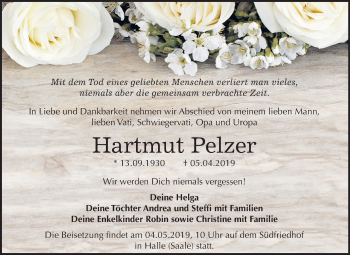 Traueranzeige von Hartmut Pelzer von Mitteldeutsche Zeitung Halle/Saalkreis