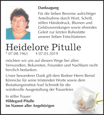 Traueranzeige von Heidelore Pitulle von WVG - Wochenspiegel NMB / WSF / ZTZ