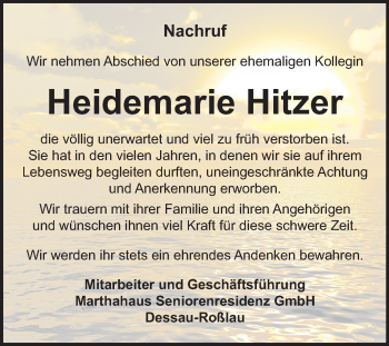 Traueranzeige von Heidemarie Hitzer von Mitteldeutsche Zeitung Dessau-Roßlau
