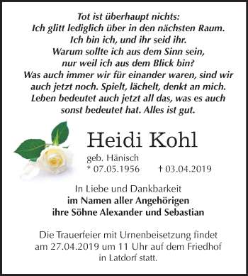 Traueranzeige von Heidi Kohl von Mitteldeutsche Zeitung Bernburg