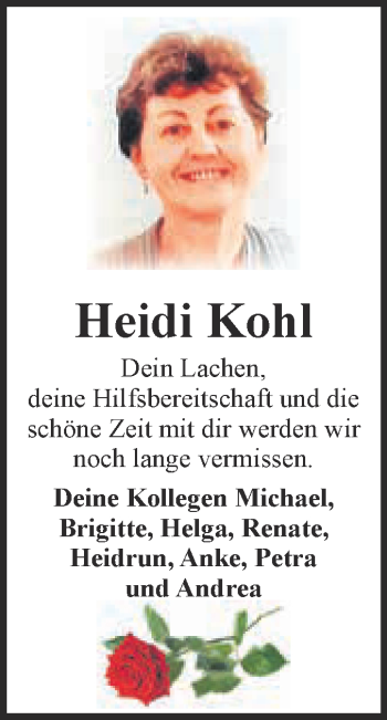 Traueranzeige von Heidi Kohl von Super Sonntag Bernburg