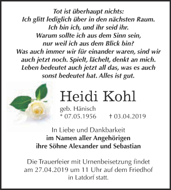 Traueranzeige von Heidi Kohl von Super Sonntag Bernburg