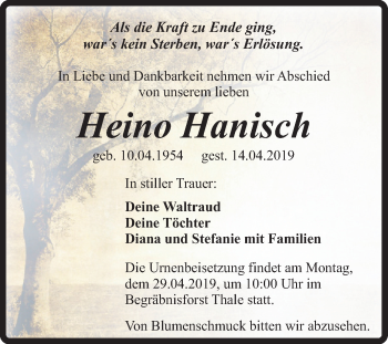 Traueranzeige von Heino Hanisch von Mitteldeutsche Zeitung Quedlinburg