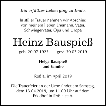 Traueranzeige von Heinz Bauspieß von Mitteldeutsche Zeitung Sangerhausen