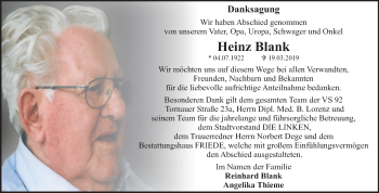 Traueranzeige von Heinz Blank von Mitteldeutsche Zeitung