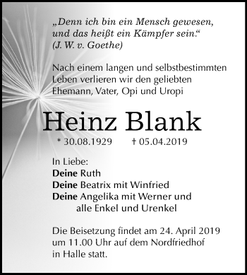 Traueranzeige von Heinz Blank von Mitteldeutsche Zeitung Halle/Saalkreis