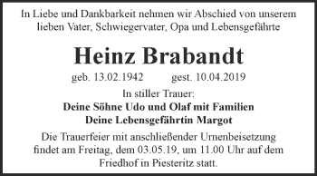 Traueranzeige von Heinz Brabandt von Super Sonntag Wittenberg