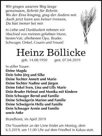 Traueranzeige von Heinz Böllicke von WVG - Wochenspiegel Wittenberg