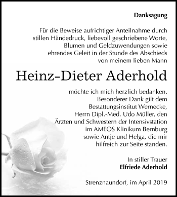 Traueranzeige von Heinz-Dieter Aderhold von Super Sonntag Bernburg