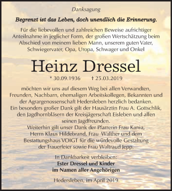 Traueranzeige von Heinz Dressel von Super Sonntag SGH Mansf. Land