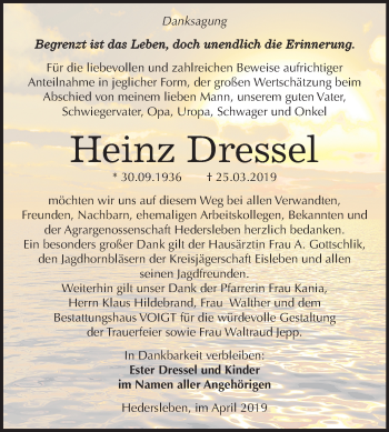 Traueranzeige von Heinz Dressel von Mitteldeutsche Zeitung Mansfelder Land