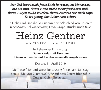 Traueranzeige von Heinz Gentner von WVG - Wochenspiegel Dessau / Köthen