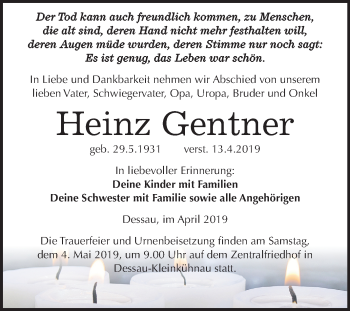 Traueranzeige von Heinz Gentner von Mitteldeutsche Zeitung Dessau-Roßlau