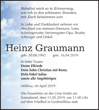Traueranzeige von Heinz Graumann von WVG - Wochenspiegel Wittenberg