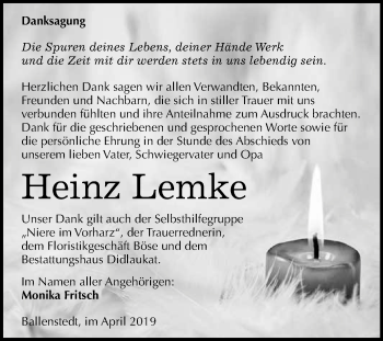 Traueranzeige von Heinz Lemke von WVG - Wochenspiegel Quedlinburg