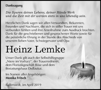 Traueranzeige von Heinz Lemke von Mitteldeutsche Zeitung Quedlinburg