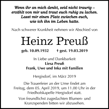 Traueranzeige von Heinz Preuß von Mitteldeutsche Zeitung Mansfelder Land