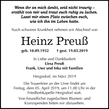Traueranzeige von Heinz Preuß von Wochenspiegel Mansfelder Land