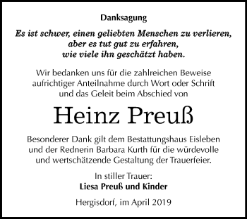 Traueranzeige von Heinz Preuß von Wochenspiegel Mansfelder Land
