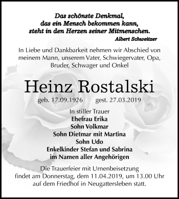 Traueranzeige von Heinz Rostalski von Mitteldeutsche Zeitung Bernburg