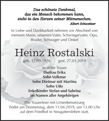 Traueranzeige von Heinz Rostalski von Super Sonntag Bernburg
