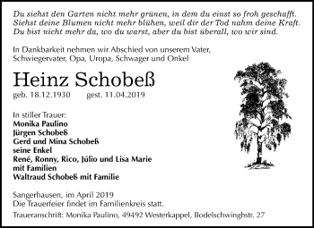 Traueranzeige von Heinz Schobeß von Mitteldeutsche Zeitung Sangerhausen