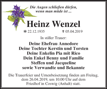 Traueranzeige von Heinz Wenzel von Mitteldeutsche Zeitung