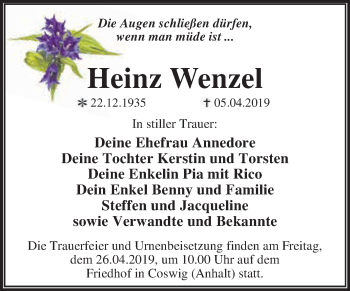 Traueranzeige von Heinz Wenzel von WVG - Wochenspiegel Dessau / Köthen